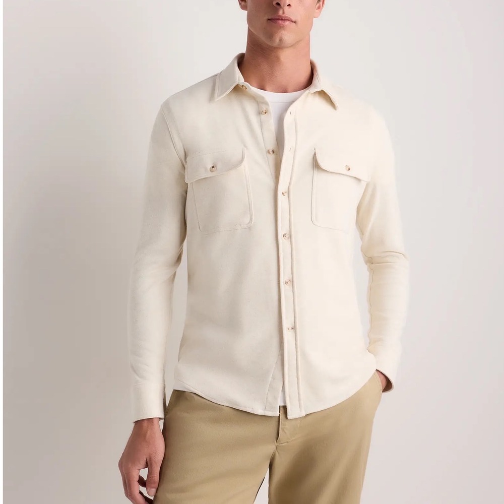 Quince Stretch Sweater Fleece Shirt Off-White Long Sleeve - Large